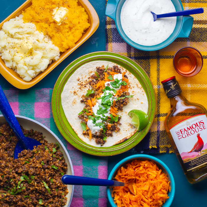 Haggis Tacos with Spicy Carrot Relish & Whisky Sour Cream