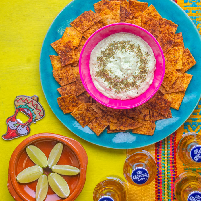 Avocado Sour Cream Dip with Spicy Tortilla Chips