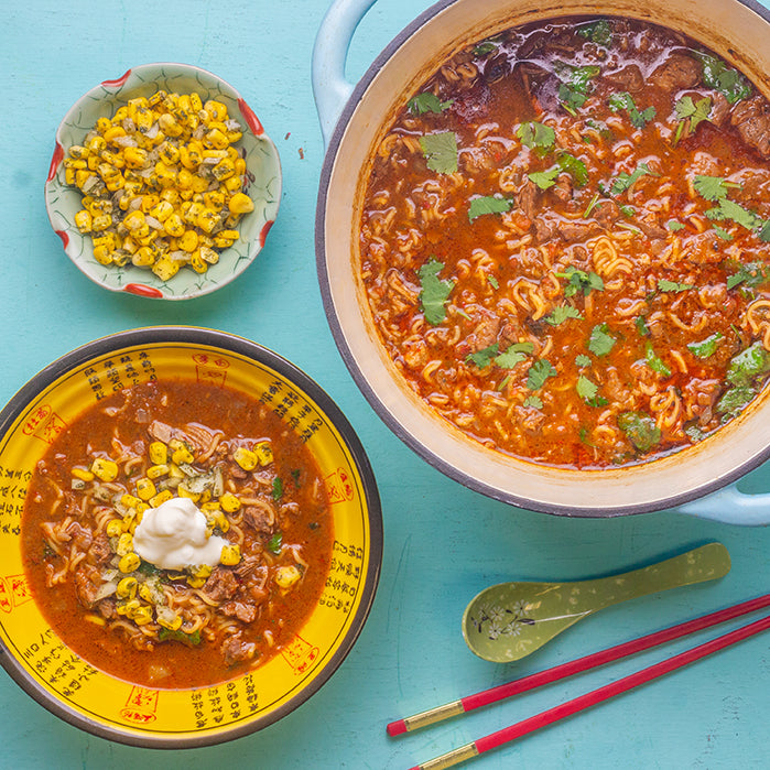 Birria Ramen with Corn Salsa
