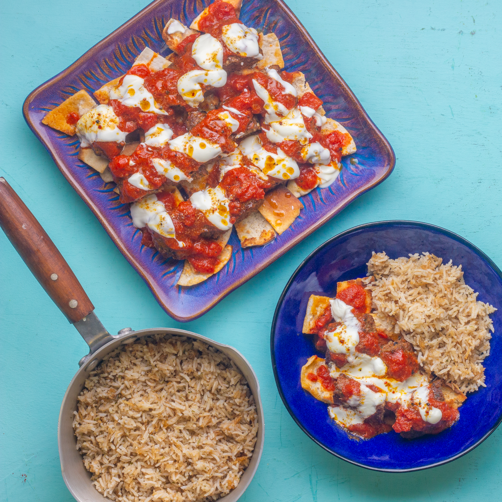 Turkish Yogurtlu Kebabs with Vermicelli Rice