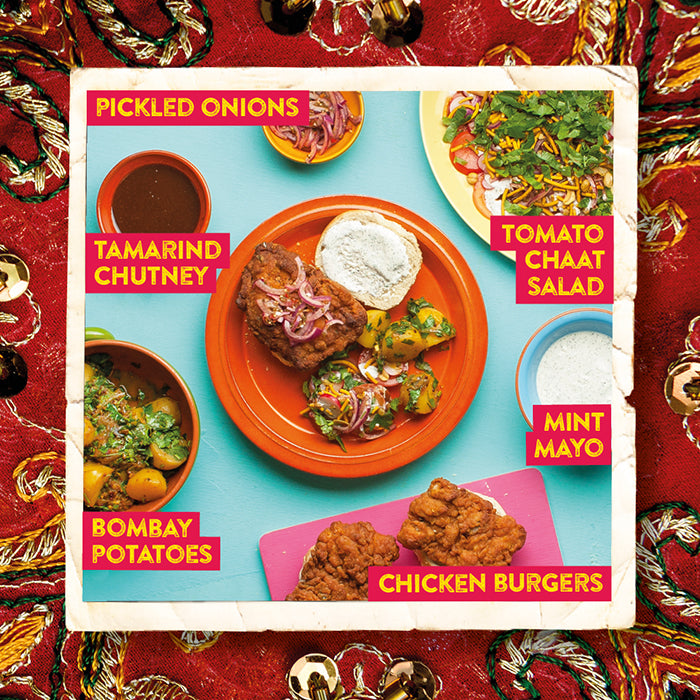 Chicken 65 Burgers with Tamarind Chutney and Tomato Chaat Salad