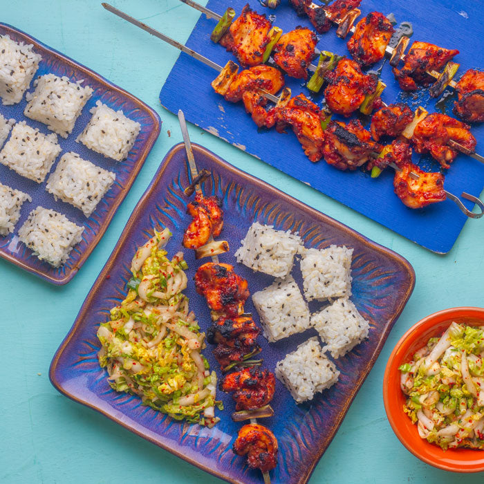Korean Dak-kkochi Skewers with Kimchi Slaw
