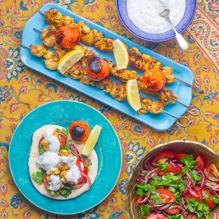 Joojeh Kebabs with Sumac Onions & Mint Yogurt