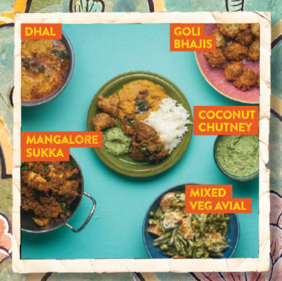 Mangalore Sukka with Goli Bhajis and Coconut Chutney