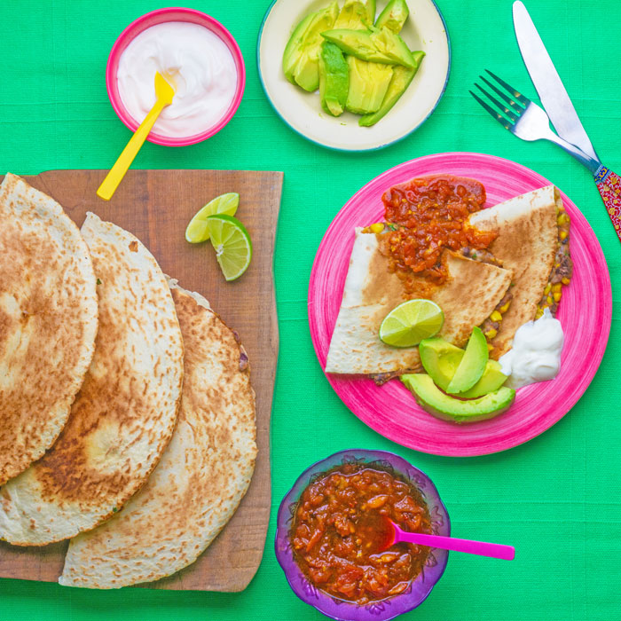 Black Bean and Sweetcorn Quesadillas with Raw Tomato Salsa
