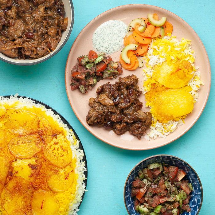 MAY: World Kitchen Explorer - Dopiazeh with Khobez ~ Lamb Khoresht with Saffron Rice