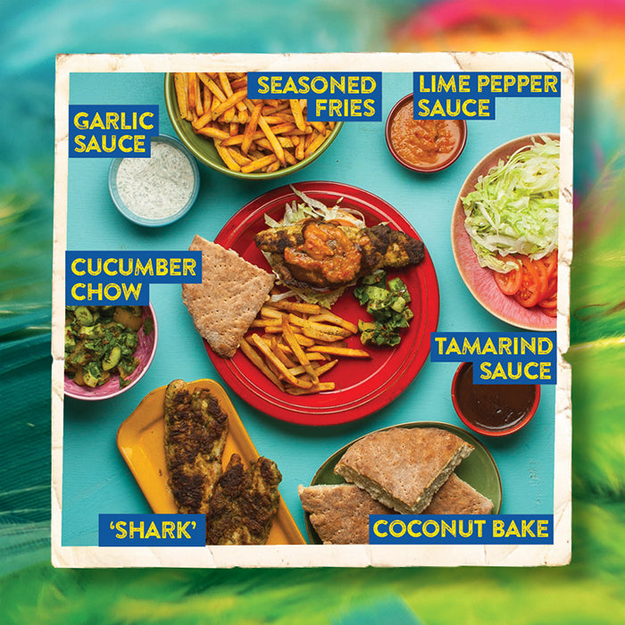 Trini Bake and 'Shark' with Cucumber Chow and Lime Pepper Sauce