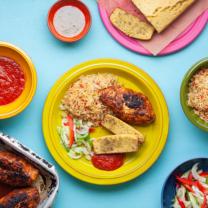 AUGUST: World Kitchen Explorer - Cajun Blackened Chicken with Dirty Rice & Hot Sauce ~ Pecan Praline Ice Cream
