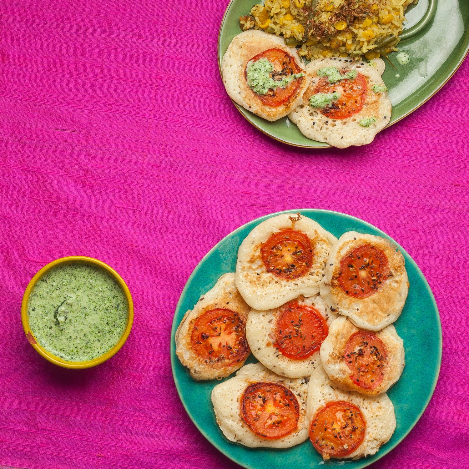 Tomato Uttapams with Mint Chutney