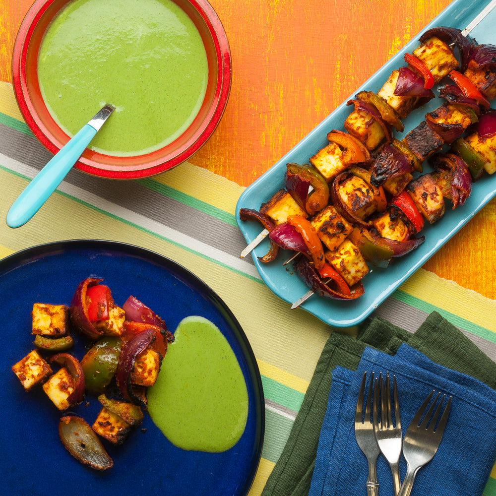 Tandoori Paneer Kebabs with Pea and Mint Raita