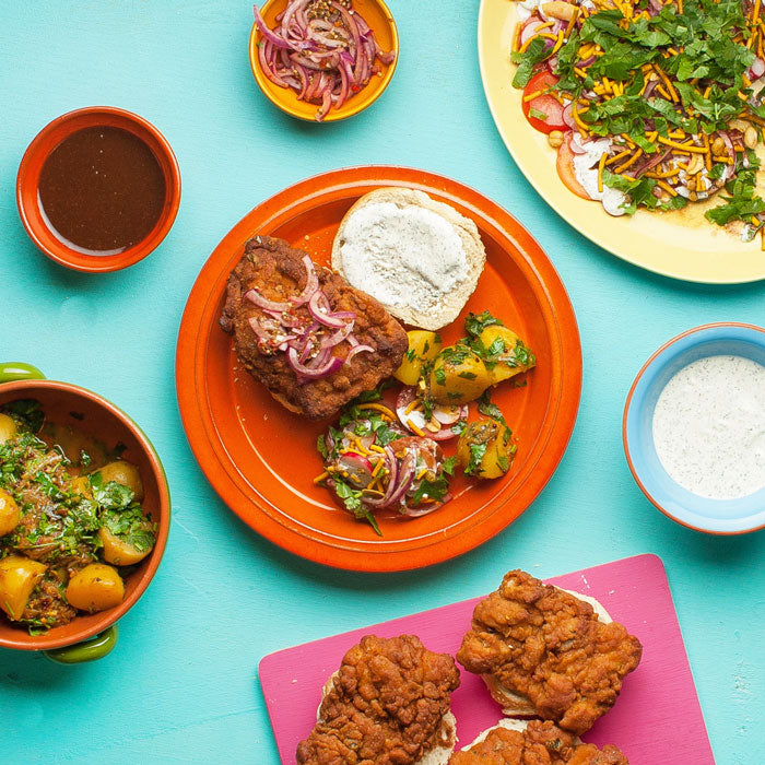 Chicken 65 Burgers with Tamarind Chutney and Tomato Chaat Salad